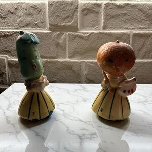 Napco 1950s Anthropomorphic Salt Pepper Shakers~Orange & cucumber Head Art Frien